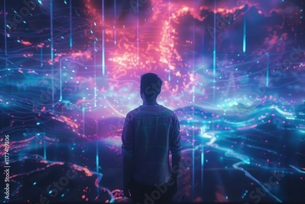 Fototapeta A Person Standing Before a Wall of Neon Lights and Lines