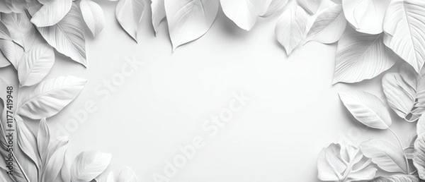 Fototapeta Picture frame with white tropical leaves, calming background, exotic leaves, clean design, stylish tropical border, natureinspired decoration