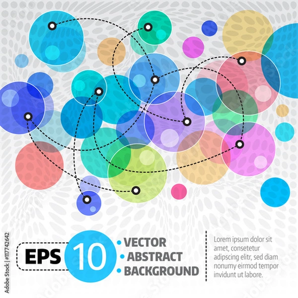 Fototapeta Transparent colorful circles connected by dashed lines.