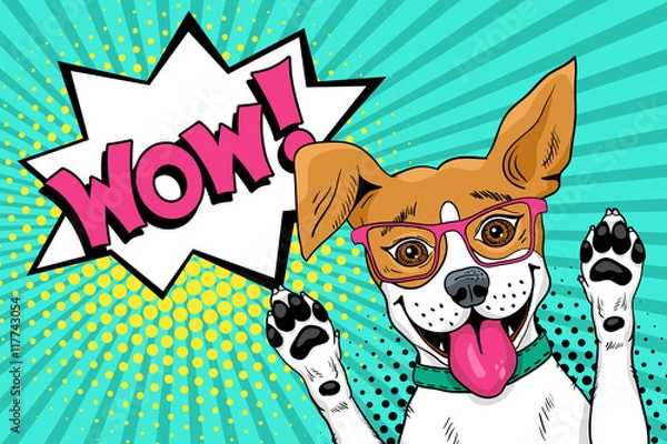 Fototapeta Wow pop art dog. Funny surprised dog in glasses with open mouth rising his paws up. Vector illustration in retro comic style. Vector pop art background.