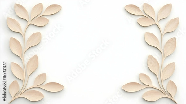 Fototapeta Beige leaf frame on white background; blank space for text; elegant design for invitations or website banners.