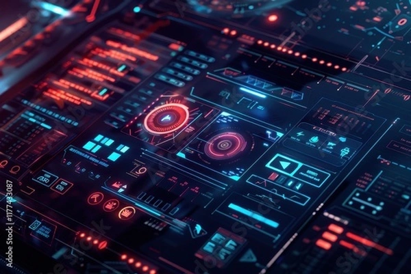 Fototapeta Futuristic Technology Interface with Red and Blue Lights