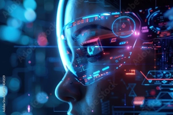Fototapeta Cyborg Woman with Futuristic Interface Overlay