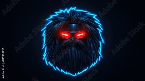 Fototapeta Stylized neon portrait of a man with long hair and beard, glowing red eyes.