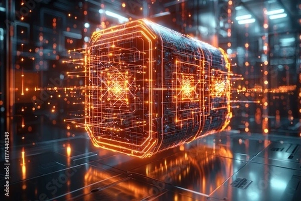 Fototapeta Glowing data cube with circuits in tech server room, data processing