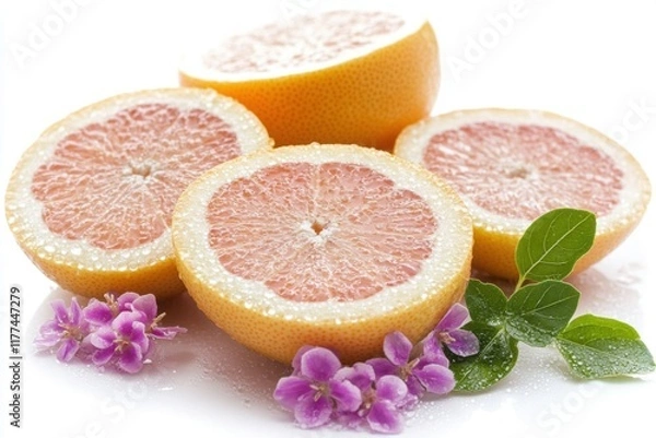 Fototapeta Juicy Grapefruit Slices with Purple Flowers and Green Leaves