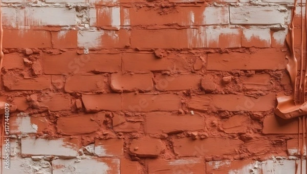 Fototapeta Weathered Red Brick Wall Texture with Flaking Paint and Exposed Mortar for Vintage Industrial Backgrounds