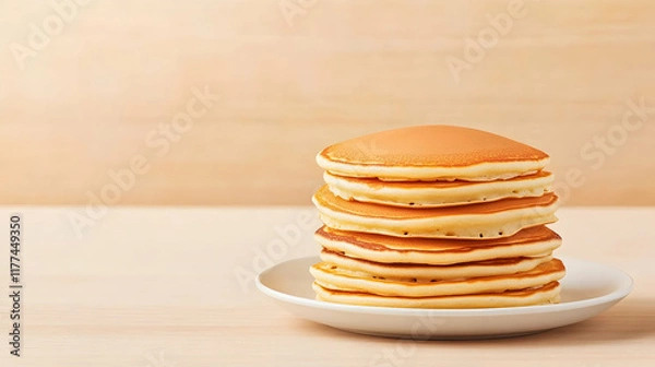 Fototapeta Delicious golden pancakes stacked on a plate, on a wooden table, perfect for breakfast menus or food blogs.