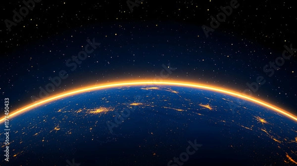Fototapeta Earthrise sunrise over illuminated city lights, space background; perfect for science, travel, or environmental projects.