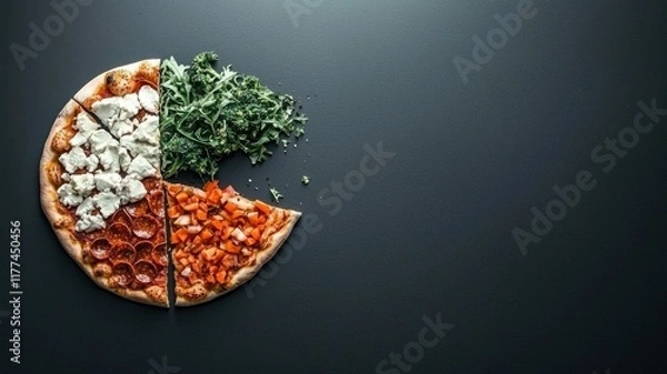 Fototapeta Delicious pizza with various toppings on a dark surface.