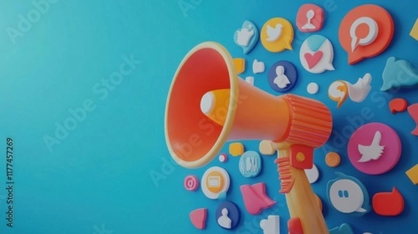 Fototapeta Digital Marketing Strategy Amplified Social Media Promotion Through Loudspeaker and Colorful Icons