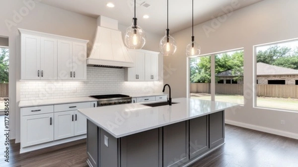 Fototapeta Modern kitchen with white cabinets and an island.