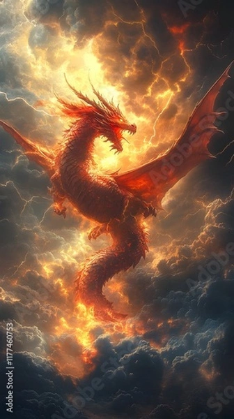 Fototapeta Colossal Ruby Dragon Majestically Soaring Through a Roiling Tempestuous Sky Its Muscular Form Silhouetted Against the Dramatic Clouds