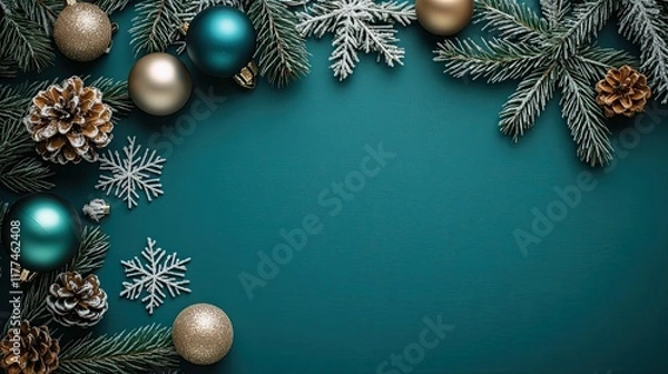 Fototapeta Teal Christmas background with snowflakes and ornaments