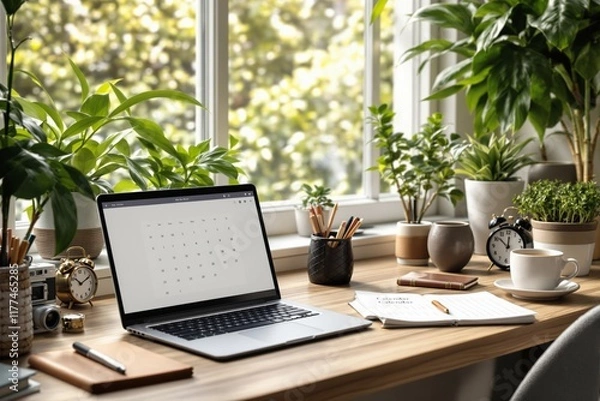 Fototapeta Organized home office desk with a laptop, stationery, coffee cup, and vibrant potted plants near a window. Natural light creates a cozy workspace vibe. Ai generative