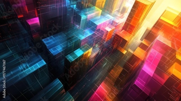 Fototapeta A digital abstract design featuring an array of colorful geometric shapes and translucent cubes