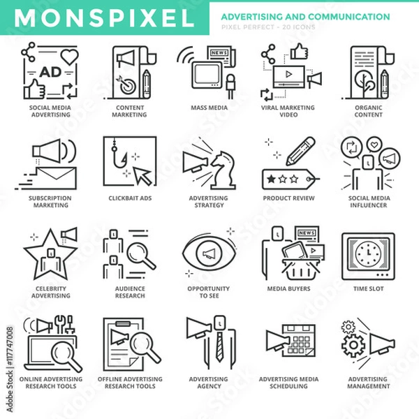 Fototapeta Flat thin line Icons set of Advertising and Communication. Pixel Perfect Icons. Simple mono linear pictogram pack stroke vector logo concept for web graphics.