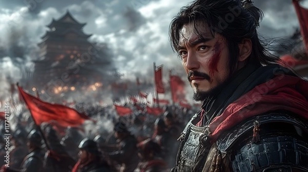 Fototapeta Proud Ming General Surveying Troops Before Fortified Castle in Dramatic Sky