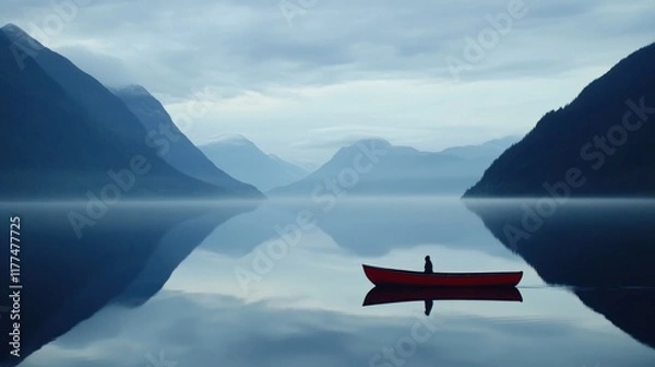Obraz A lone figure in a red canoe on a tranquil lake surrounded by mountains.