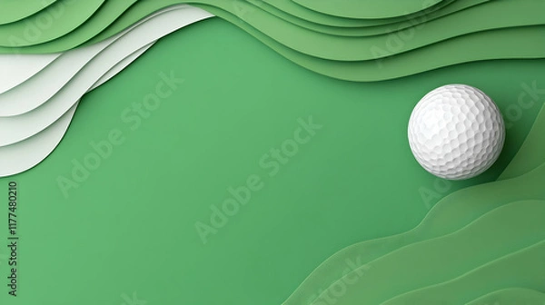 Fototapeta Golf ball on green putting surface, abstract wavy design background, sport leisure activity.