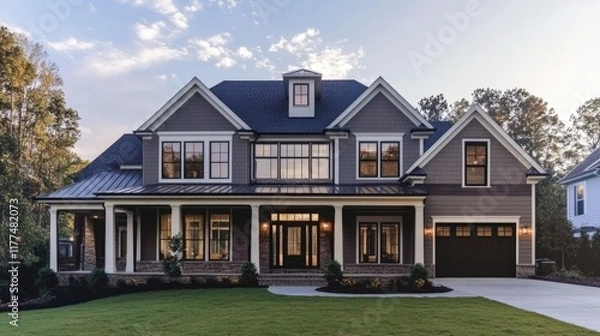 Fototapeta Modern Two-Story Gray House with Large Windows and Welcoming Front Porch Surrounded by Green Lawn and Trees in Bright Daylight