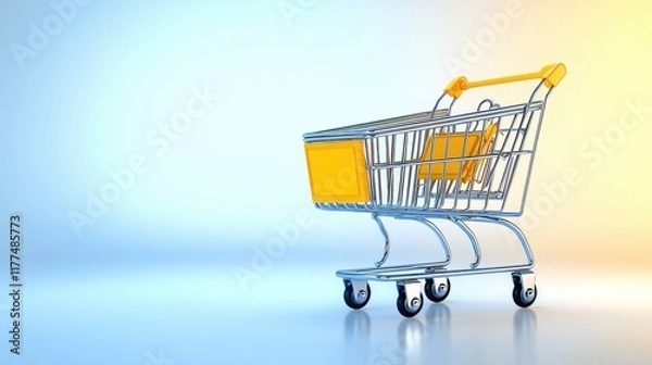 Obraz A shopping cart with one wheel slightly lifted, appearing dynamic and detailed, positioned on a bright white background.