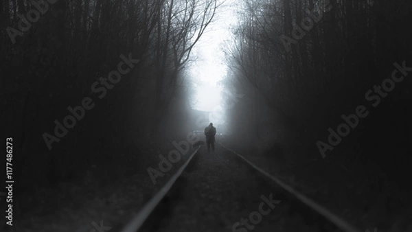 Fototapeta An unknown man and his dog are walking along the railway tracks in foggy weather.