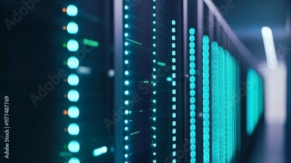 Fototapeta Modern data center with rows of perfectly aligned server racks, secure network operations.
