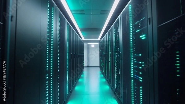 Fototapeta Modern data center with rows of perfectly aligned server racks, secure network operations.