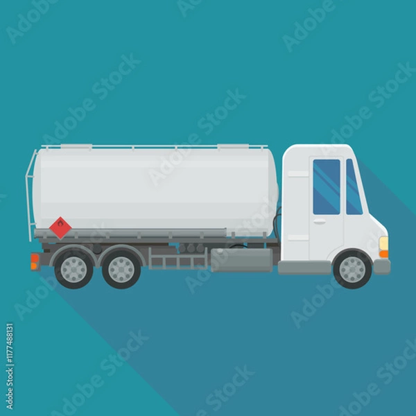 Fototapeta Tanker truck side view in flat design style on blue background with long shadow