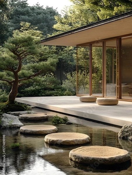 Fototapeta Serene Zen Garden with Bonsai Trees and Tranquil Pond in Modern Japanese Architecture