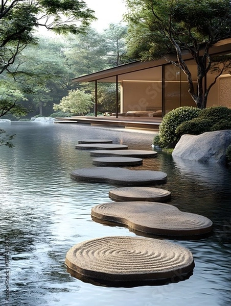 Fototapeta Serene Zen Garden Landscape with Stepping Stones and Bonsai Trees in Traditional Japanese Architecture