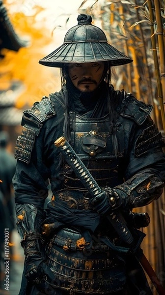 Fototapeta A Stoic Samurai Warrior Stands Battle Ready Amidst a Bamboo Thicket Katana Drawn in a Dramatic Graphic Style
