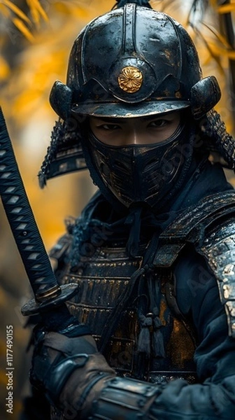 Fototapeta Resolute Samurai in Graphic Bamboo Thicket with Drawn Katana Sword