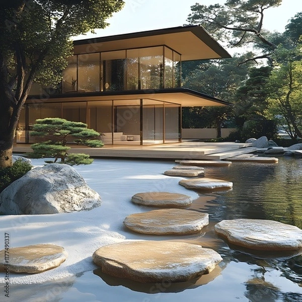 Fototapeta Serene Zen Garden with Ornamental Bonsai Trees and Tranquil Pond in Modern Japanese Architecture