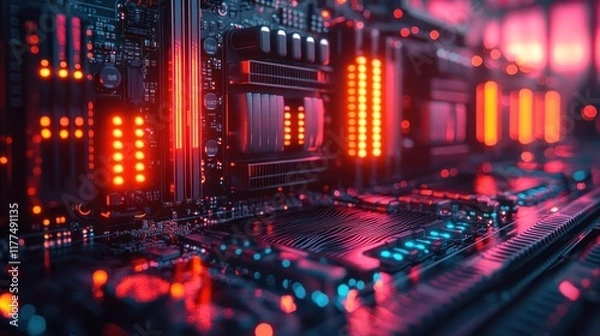 Obraz Glowing circuit board components inside server room with illuminated background, ideal for tech visuals