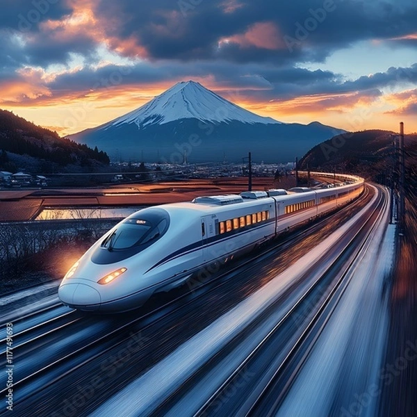 Fototapeta High Speed Bullet Train Racing Through Scenic Japanese Countryside with Mount Fuji in the Distance