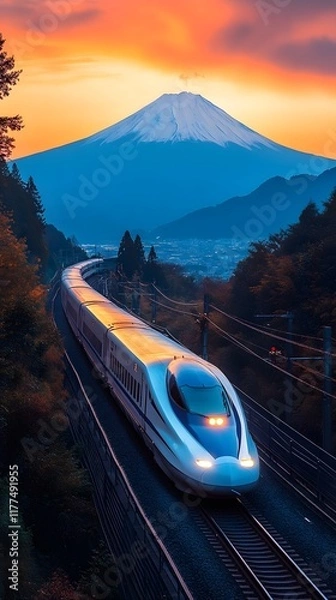 Fototapeta High Speed Bullet Train Racing Through Japanese Countryside with Mount Fuji in Dramatic Lighting