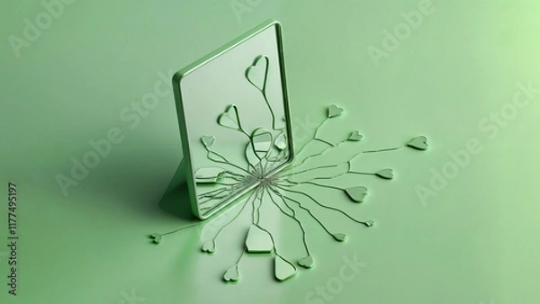 Obraz Cracked green mirror with heart patterns, emotional reflection, monochrome tones. Concept for psychology. 