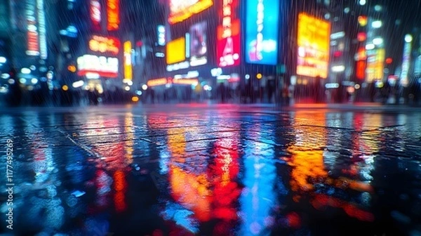 Fototapeta Vibrant Neon Lit Shibuya Crossing After Rainfall with Blurred Pedestrian Movement