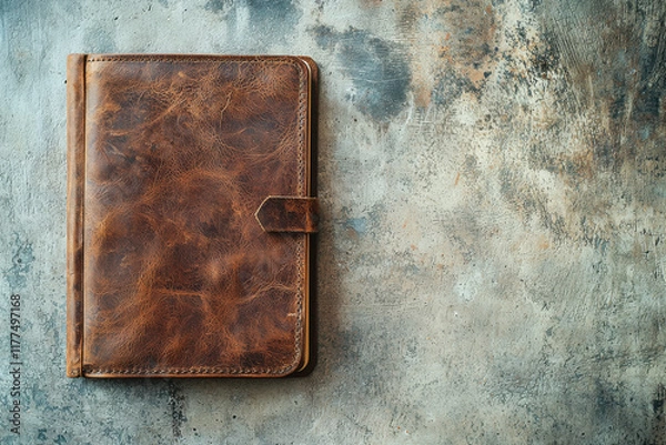Obraz Closed leather notebook resting on grunge concrete surface