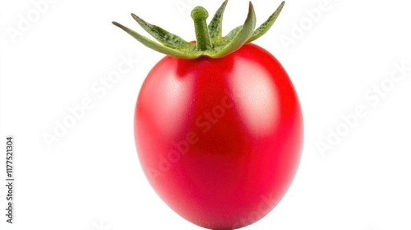 Fototapeta A shiny red tomato with green leaves on top, isolated on white.