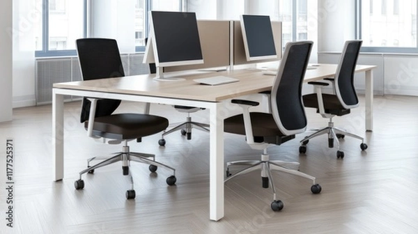 Obraz Modern office workspace with desks and ergonomic chairs.