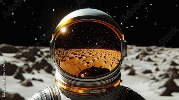Fototapeta Astronaut mental strength. realistic astronaut helmet reflecting starry landscape on Mars