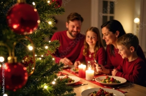 Obraz Family enjoying christmas dinner by the christmas tree