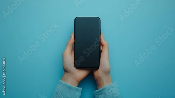 Fototapeta Hands holding a smartphone with blank screen against a solid light blue background symbolizing digital connection and modern communication