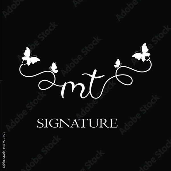 Fototapeta MT Handwritten initial letter, MT simple signature vector logo with butterfly shape variation, beauty, photography letter logo design. M T