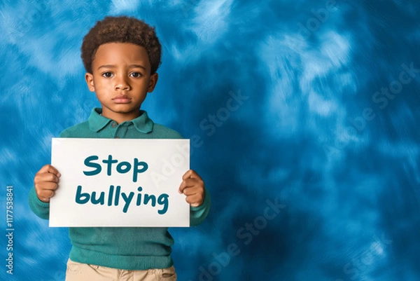 Obraz Sad african american boy holding stop bullying sign. Sad boy showing a sign asking to stop bullying, against a blue background
