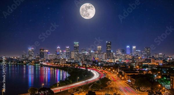 Fototapeta The city skyline is illuminated at night under a full moon with vibrant reflections on the water.