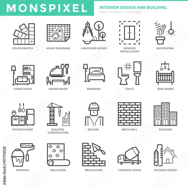 Fototapeta Flat thin line Icons set of Interior Design and Building. Pixel Perfect Icons. Simple mono linear pictogram pack stroke vector logo concept for web graphics.